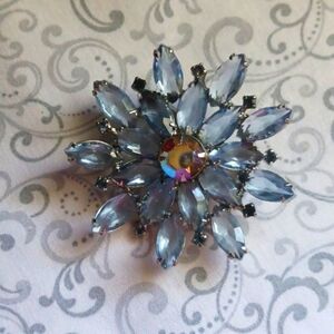 Blue Rhinestone Flower Brooch
